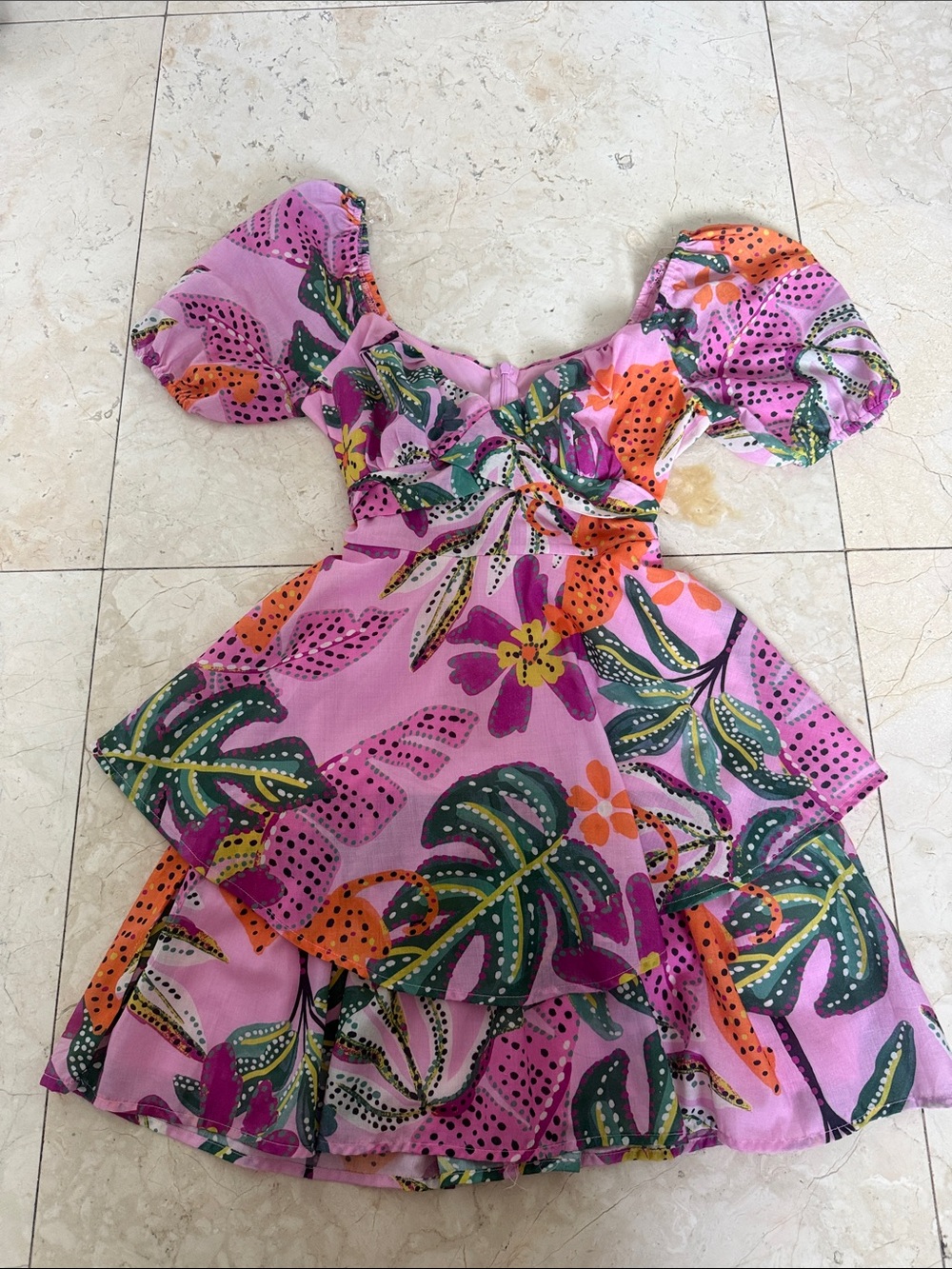 Pink Tropical Floral Puff-Sleeve Mini Dress